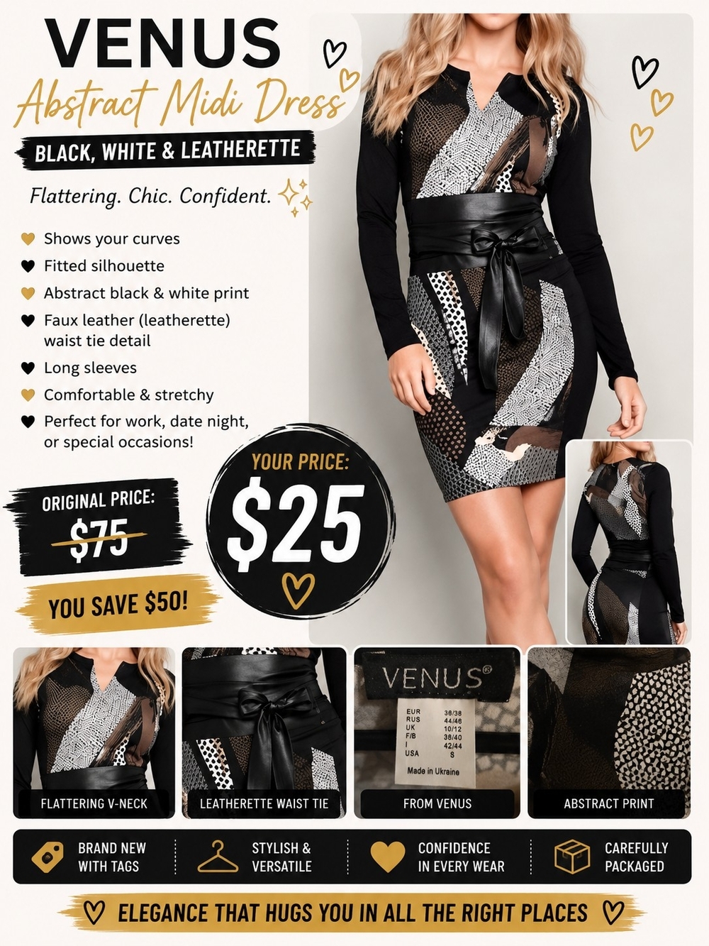 VENUS Black & White Abstract Midi Dress with Leatherette Waist Tie